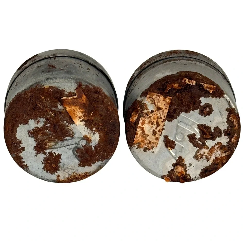 Vintage Industrial Metal Tins Set of 2 Small Round Storage Containers Rusted Tin